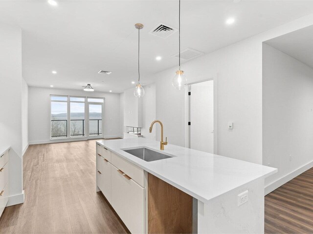125 Cambrian Way Unit 605, Burlington, VT 05401 - kitchen with a sink, wood finished floors, white cabinetry, recessed lighting, and hanging light fixtures