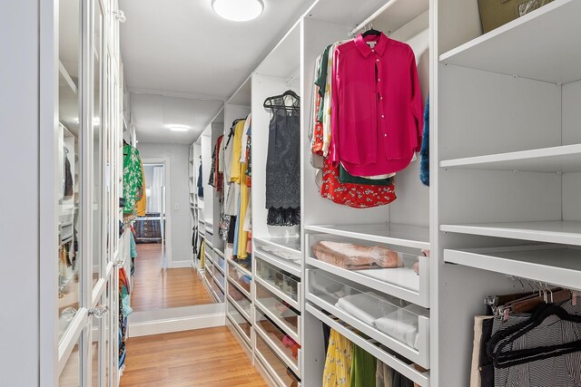 walk in closet with wood finished floors