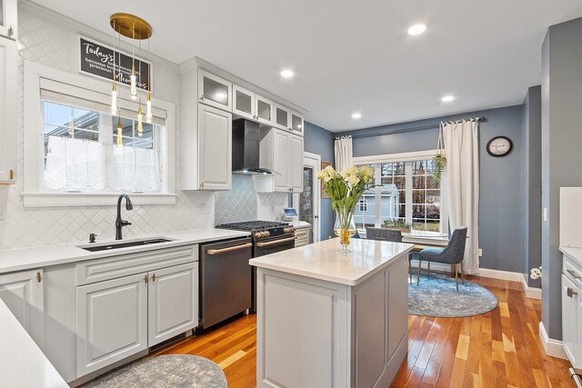 kitchen with light wood-style floors, appliances with stainless steel finishes, a sink, and wall chimney exhaust hood