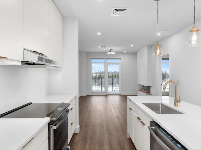 125 Cambrian Way Unit 611, Burlington, VT 05401 - kitchen featuring appliances with stainless steel finishes, under cabinet range hood, white cabinets, light countertops, and dark wood-type flooring