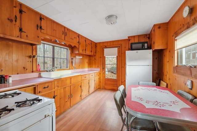 kitchen featuring a wealth of natural light, white appliances, and a sink