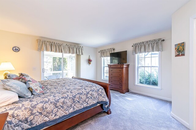 bedroom featuring access to exterior, baseboards, and carpet