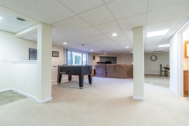 playroom featuring baseboards, light carpet, recessed lighting, visible vents, and a drop ceiling