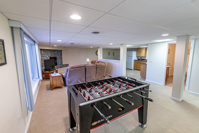 playroom featuring visible vents, recessed lighting, and light carpet