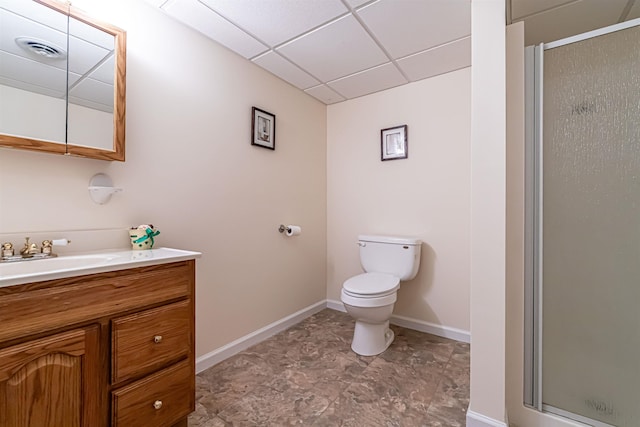 full bath with vanity, a paneled ceiling, toilet, a shower stall, and visible vents