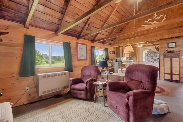 living room featuring light colored carpet, wooden ceiling, wood walls, vaulted ceiling with beams, and heating unit