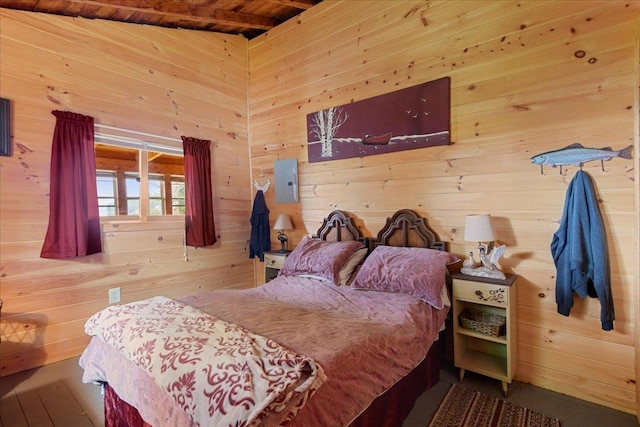 bedroom with wood walls, electric panel, and wood ceiling