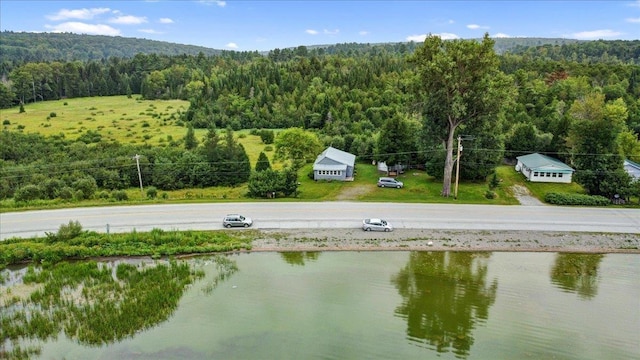 aerial view with a view of trees and a water view