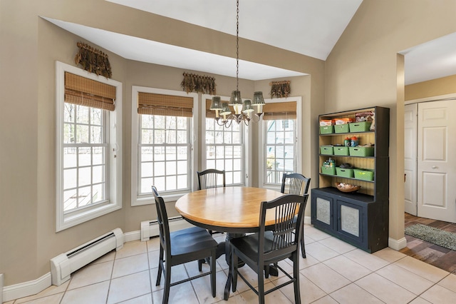 23 Bear Hill Rd, Windham, NH 03087 - dining room with baseboard heating, a chandelier, vaulted ceiling, and light tile patterned floors