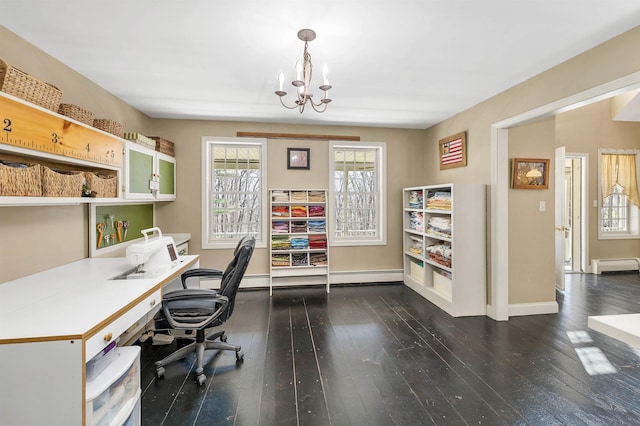 23 Bear Hill Rd, Windham, NH 03087 - home office featuring a baseboard radiator, a chandelier, and dark wood finished floors