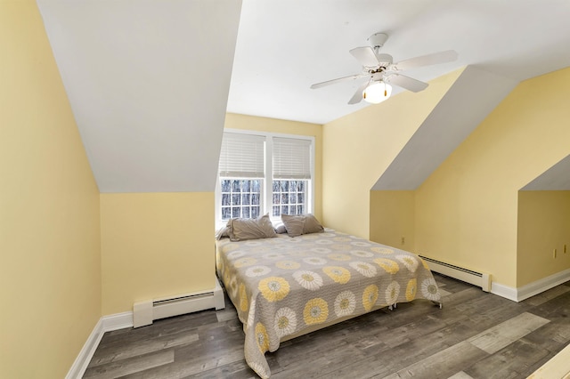 23 Bear Hill Rd, Windham, NH 03087 - bedroom with a baseboard heating unit, wood finished floors, a ceiling fan, and lofted ceiling
