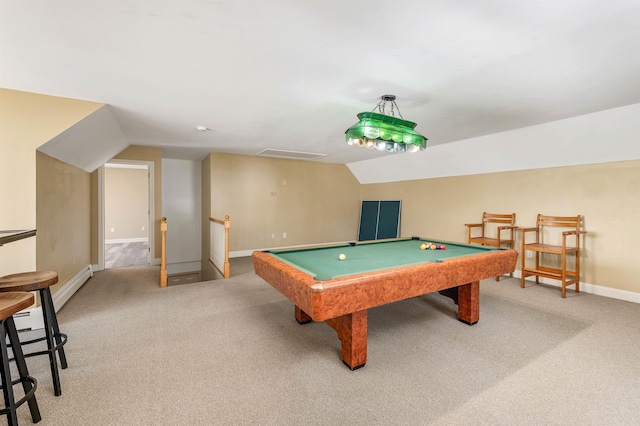 23 Bear Hill Rd, Windham, NH 03087 - rec room featuring a baseboard radiator, light colored carpet, lofted ceiling, and pool table