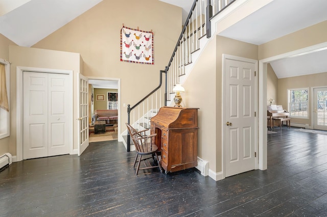 23 Bear Hill Rd, Windham, NH 03087 - entrance foyer featuring wood-type flooring, stairway, and high vaulted ceiling