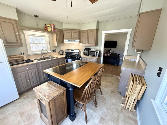 kitchen featuring under cabinet range hood, light countertops, a sink, stainless steel appliances, and gray cabinetry