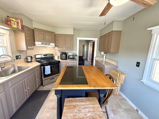 kitchen with ceiling fan, under cabinet range hood, light countertops, a sink, and stainless steel appliances