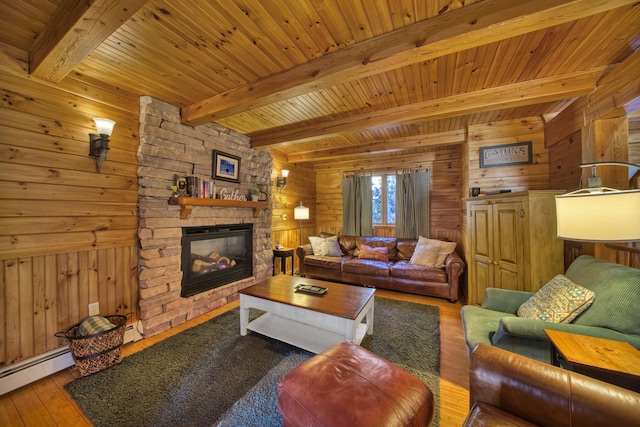 living room featuring beam ceiling, wood walls, wooden ceiling, a baseboard radiator, and wood-type flooring