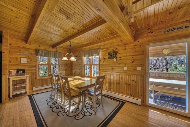 dining room featuring light wood-style flooring, baseboard heating, wood walls, a baseboard radiator, and beam ceiling