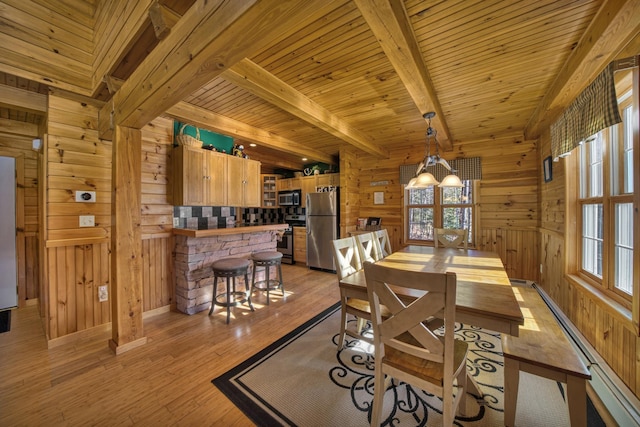 dining room featuring light wood-type flooring, a baseboard heating unit, wood walls, beamed ceiling, and wood ceiling