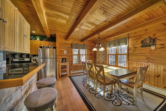 dining space featuring light wood-type flooring, a baseboard heating unit, wood walls, beam ceiling, and wooden ceiling