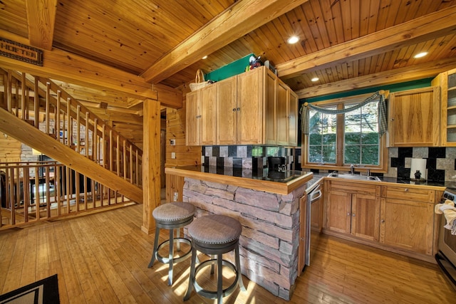 kitchen with wooden ceiling, a sink, and beam ceiling