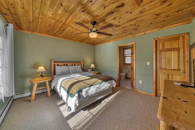 bedroom with baseboards, carpet, wood ceiling, ensuite bath, and a baseboard radiator