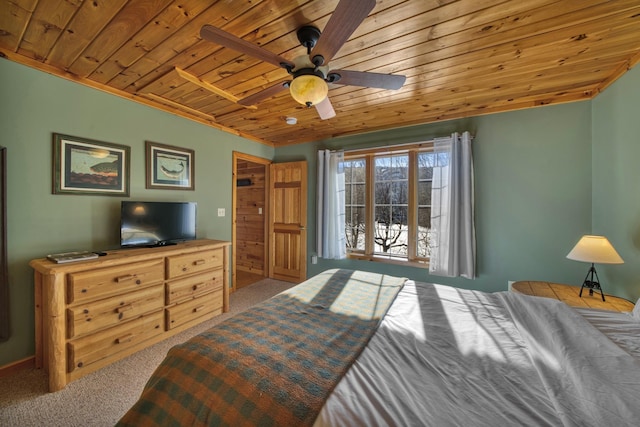 bedroom with ceiling fan, wooden ceiling, and carpet floors