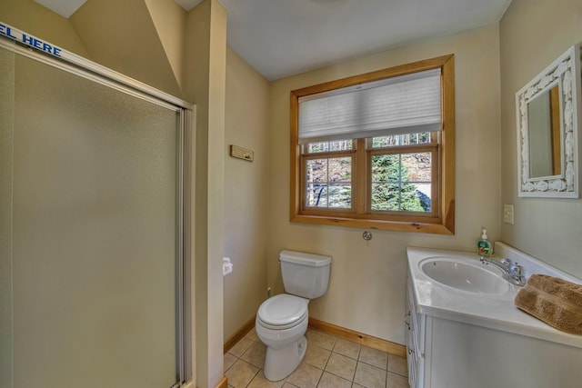 full bath with vanity, baseboards, tile patterned floors, toilet, and a shower stall