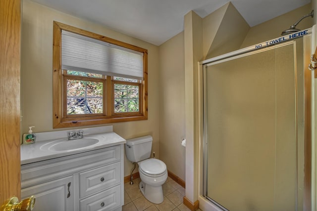 bathroom featuring vanity, tile patterned flooring, toilet, a stall shower, and baseboards