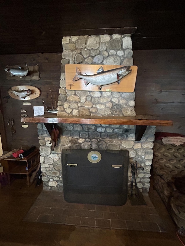 room details featuring wooden walls and a stone fireplace