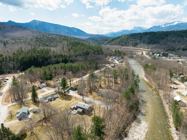 drone / aerial view of mountains and a forest