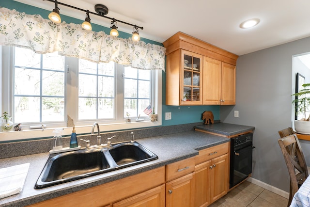 kitchen featuring a sink, black oven, glass insert cabinets, and plenty of natural light