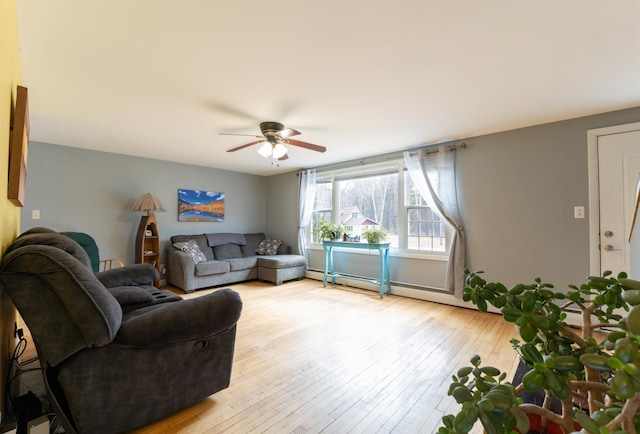 living area with ceiling fan and hardwood / wood-style flooring