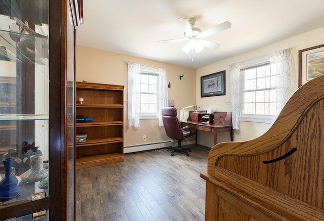 office with a baseboard radiator, a ceiling fan, and wood finished floors