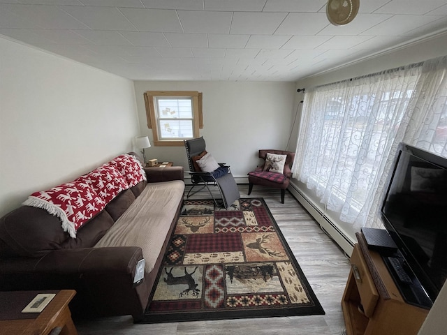 living area with wood finished floors and a baseboard radiator