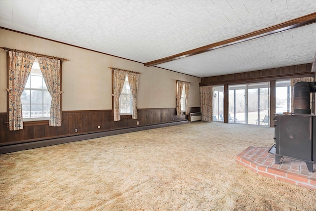 33 Bunker Hill Rd, Auburn, NH 03032 - unfurnished living room with a baseboard radiator, carpet flooring, a wainscoted wall, a wood stove, and wood walls