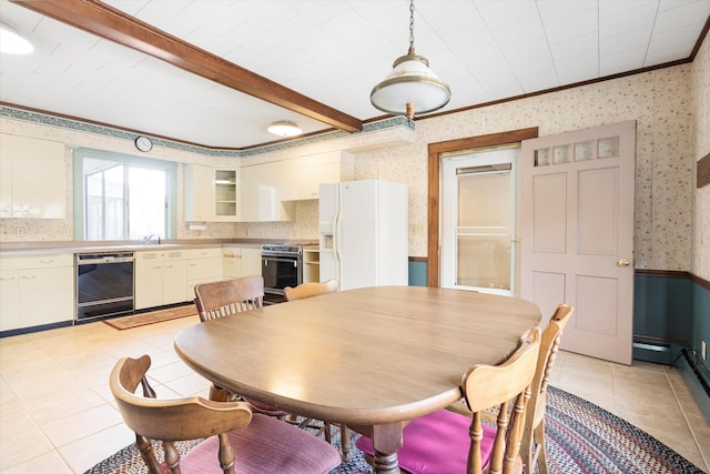 33 Bunker Hill Rd, Auburn, NH 03032 - dining space with wallpapered walls, light tile patterned floors, wainscoting, crown molding, and beamed ceiling
