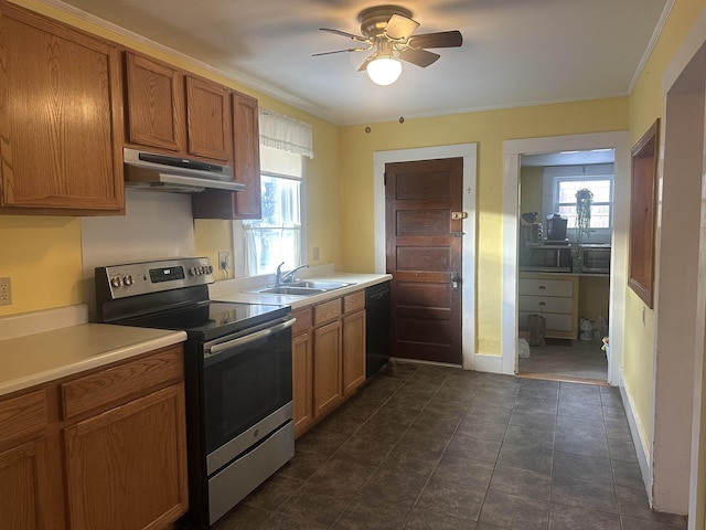 kitchen with a sink, stainless steel electric range oven, a ceiling fan, dishwasher, and under cabinet range hood