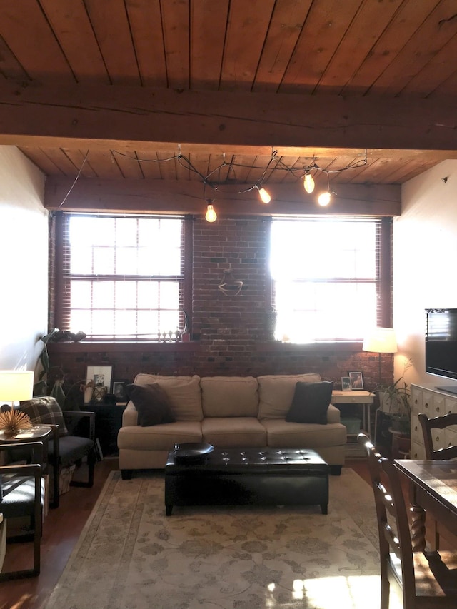 living area featuring plenty of natural light, wooden ceiling, and wood finished floors