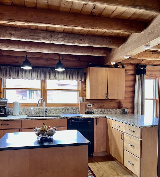 kitchen with light brown cabinetry, a sink, light wood-type flooring, black dishwasher, and wood ceiling