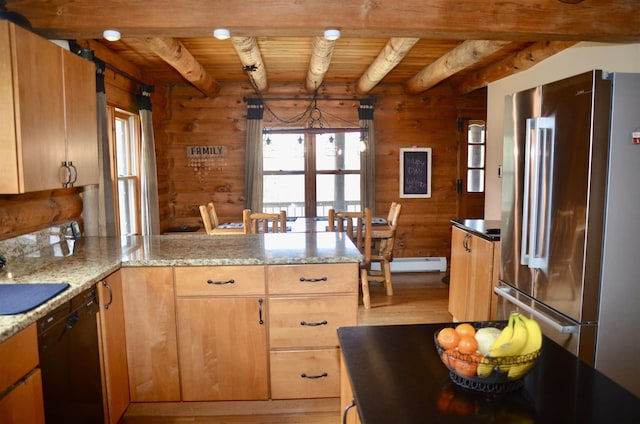 kitchen with a peninsula, light wood-style flooring, high quality fridge, wood walls, and wooden ceiling