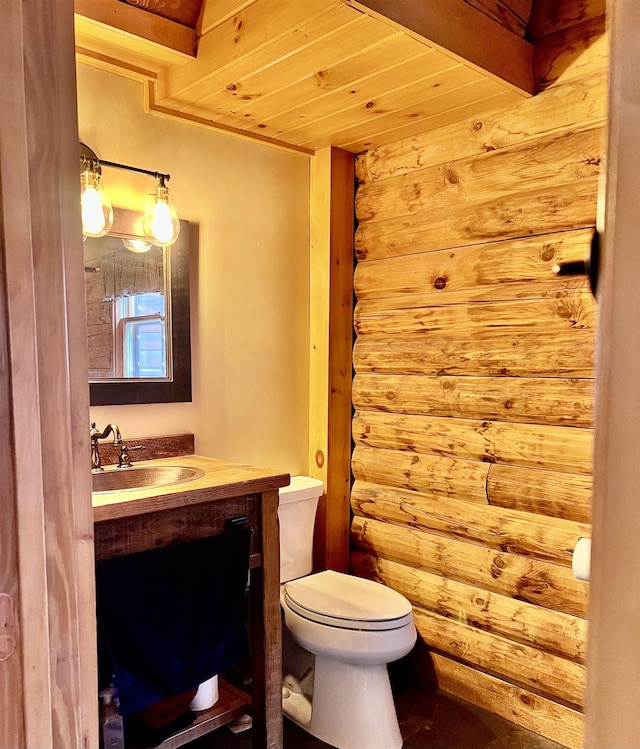 half bath featuring wood ceiling, vanity, and toilet