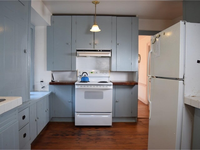 1419 Stonebridge Rd, Georgia, VT 05468 - kitchen with under cabinet range hood, white appliances, dark wood-type flooring, decorative light fixtures, and gray cabinetry