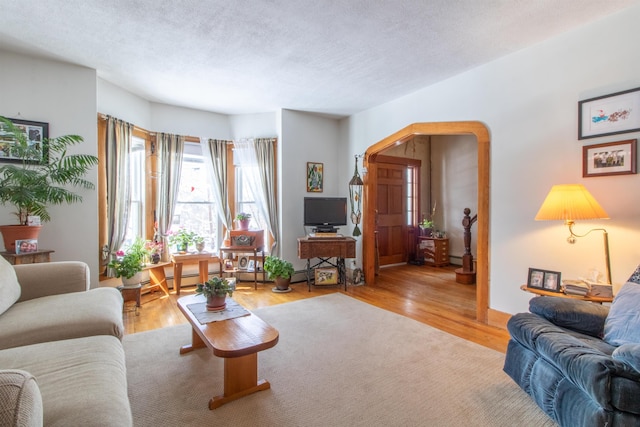 living room with wood finished floors and a textured ceiling