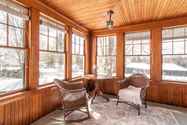 sunroom / solarium with wooden ceiling and wood walls