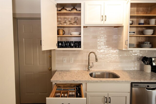 30 Pond St Unit 11, Ludlow, VT 05149 - kitchen with dishwasher, decorative backsplash, open shelves, and a sink