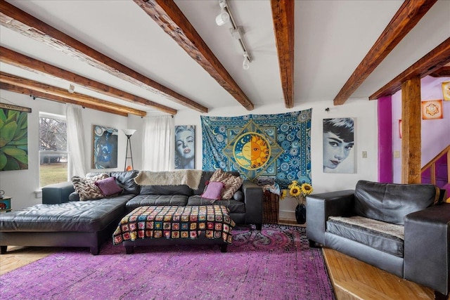 living area with wood finished floors, beam ceiling, and rail lighting