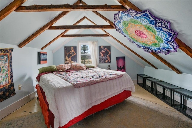 bedroom featuring baseboards and lofted ceiling with beams