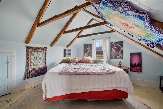 bedroom with vaulted ceiling with beams and baseboards