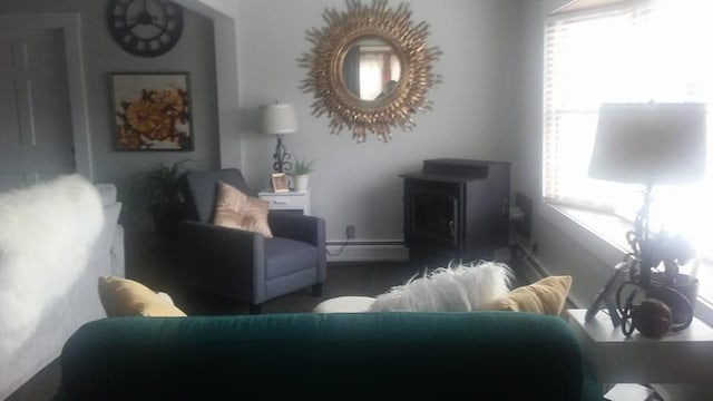 living area featuring a wood stove and baseboard heating