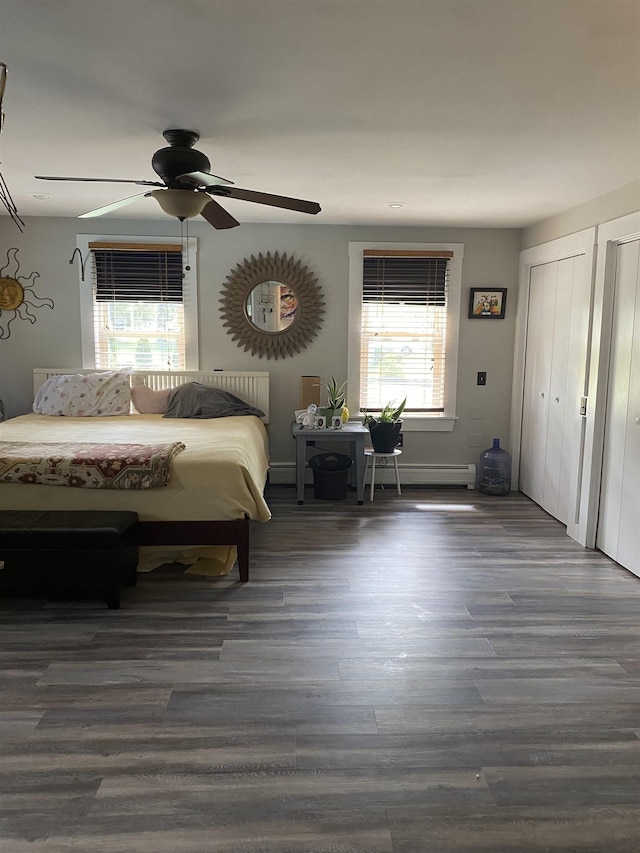 bedroom with ceiling fan, wood finished floors, two closets, and multiple windows